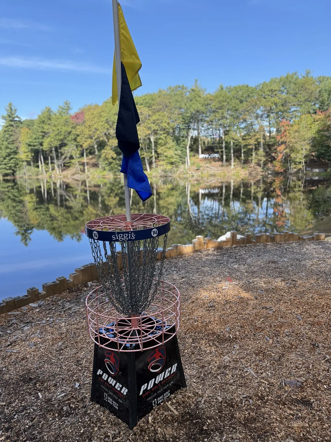 Disc golf basket overlooking a calm lake and wooded fairway